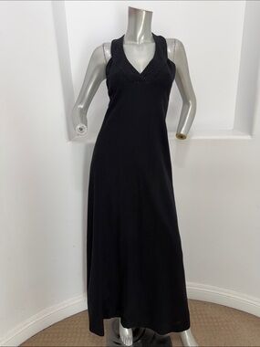 Mollie Parnis Boutique 1980s Evening Black Gown Halter Maxi  Dress Beaded V-neck